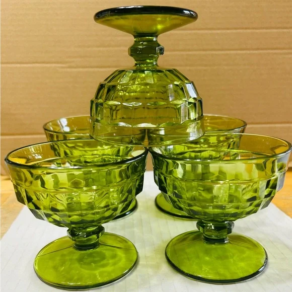 Indiana glass sherbet dishes, avocado green, Whitehall cubist. Set of 5. MINT - Picture 4 of 4